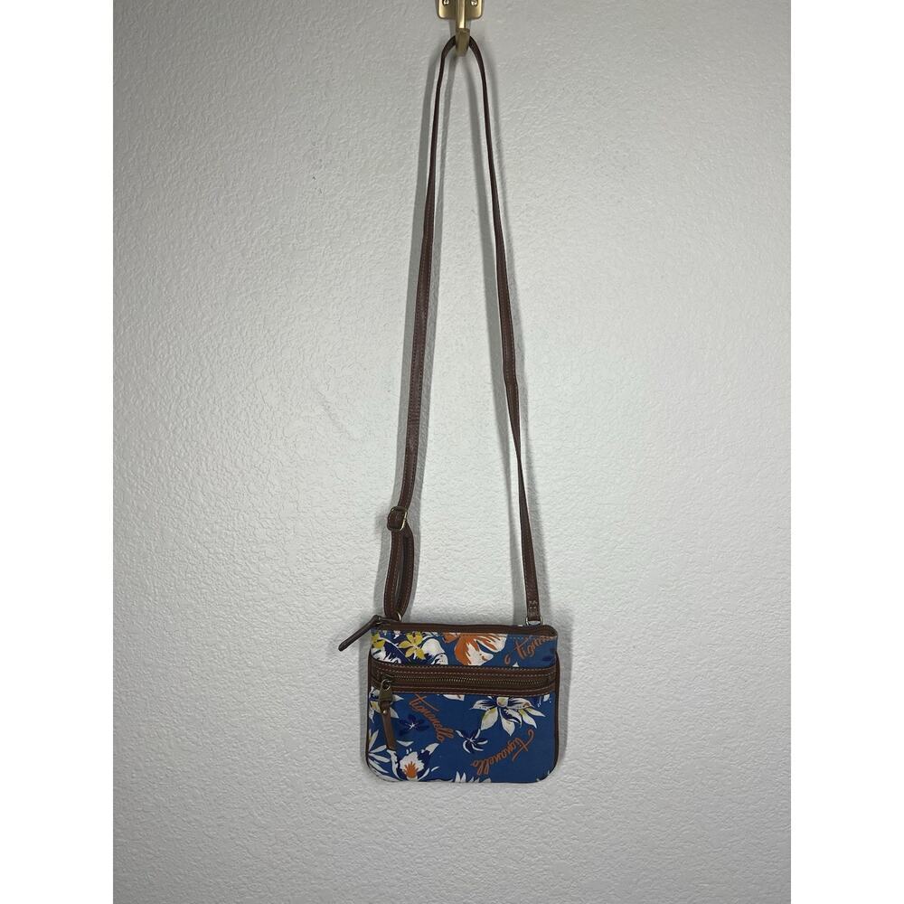 Tignanello Blue Floral Small Crossbody Bag Purse Leather Cotton